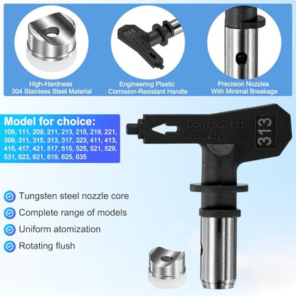 M METERXITY 1-Set Airless Paint Sprayer Tips, Tungsten Steel Reversible Spray Tips with 1 Pad for Homes/Buildings/Garden/Decks/Fences [Black, 313] - size: 313