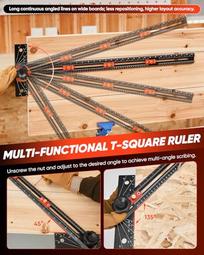 Saker 4-in-1 Scriber Marking Line Ruler, 29.5in Spliceable Extended T Square with Pencil, Precision Line Drawing & Drilling Positioning Tool, Cabinet Hardware Jig with Angle Adjustment for Woodworking - size: 29.5inch with Pencil