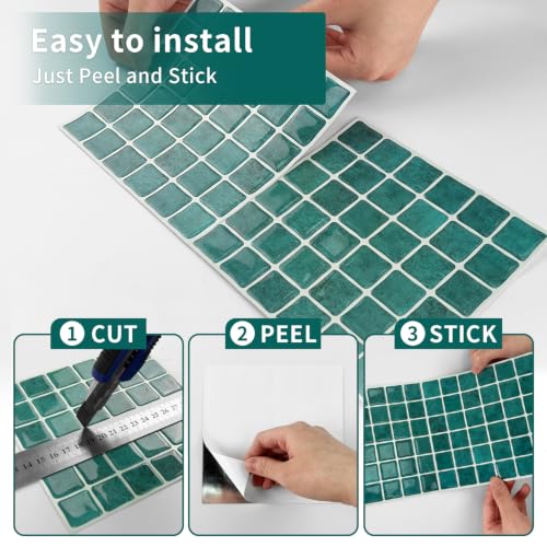 3D Mosaic Peel and Stick DIY Backsplash Tiles (24, Teal Green) - color: Teal Green