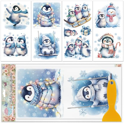 GLOBLELAND 4 Sheets Christmas Winter Penguins Furniture Transfers Stickers 6x12inch Snowman Rub on Transfer UV Self-Adhesive Stickers Wall Art Craft for Bedroom Living Room Table Decoration - style: Penguin