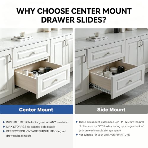 24 Inch Center Mount Drawer Slides 4 Pcs, Heavy Duty Hidden Rails - size: 24 Inch