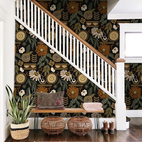 Simon&Siff Boho Floral Peel and Stick Wallpaper 17.3" x 800" - color: Bronze/Green, size: 17.3" x 800"