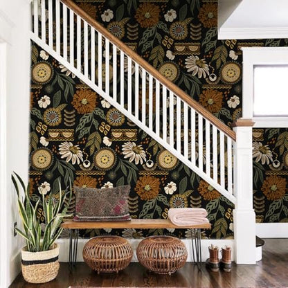 Simon&Siff Boho Floral Peel and Stick Wallpaper 17.3" x 800" - color: Bronze/Green, size: 17.3" x 800"