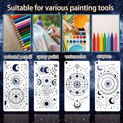 12 Sheets Astrological Chart Stencil for Painting, Star Sign Drawing Stencil Astrology Stencils Tarot Room Reusable Art Stencils Template for Painting on Wall Wood Home Decor - style: Full of Star