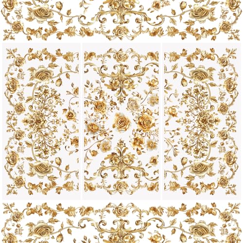 WANDIC 3 Sheets Rub On Transfer Stickers, Retro Golden Flowers Pattern Waterproof Decals Furniture Craft Embellishments for DIY Scrapbooking Photo Albums,15 * 30cm - color: Golden Flowers