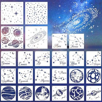 Reusable Star Painting Stencil Set - 24 Pcs Astronomy Planet Reusable Painting Template for Journal Canvas Decoration, Zodiac Signs Drawing Art Stencils for DIY Home Wooden Wall Floor Decor - style: Star