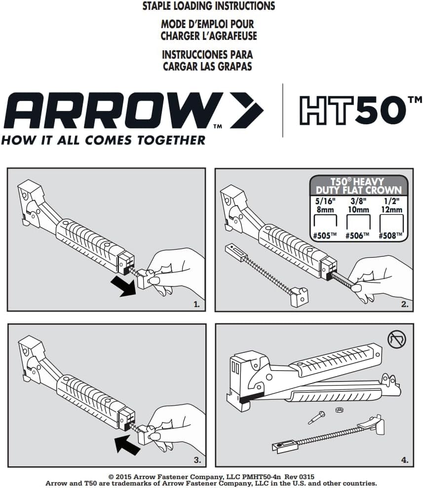 Arrow HT50 Heavy Duty Hammer Tacker, Chromed-Steel Manual Stapler with Sure-Grip Handle, Dual-Capacity Rear-Load Magazine, Fits 5/16”, 3/8", or 1/2" Staples (Pack of 4) - size: (4-Pack)