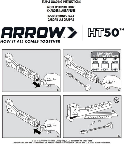 Arrow HT50 Heavy Duty Hammer Tacker, Chromed-Steel Manual Stapler with Sure-Grip Handle, Dual-Capacity Rear-Load Magazine, Fits 5/16”, 3/8", or 1/2" Staples (Pack of 4) - size: (4-Pack)