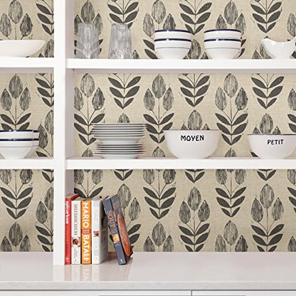 NuWallpaper Folk Tulip Peel and Stick Wallpaper, Neutral, Textured Removable Wallpaper, 20.5 in x 18 ft - color: Neutral