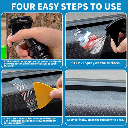Adhesive Remover, Sticker and Decal Remover Spray, Quickly Removes Glue, Labels and Tape Residue, Safe for Car Paint and Glass, Includes Scraper and Towel, Portable Size-3.4oz/100ml