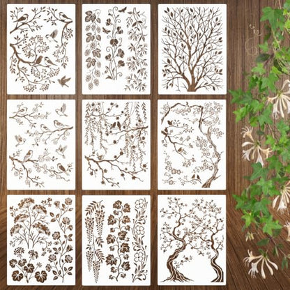 9 Pcs Tree Leaf Vine Stencils for Painting 11x14.5 Inch - style: Tree Leaf Vine