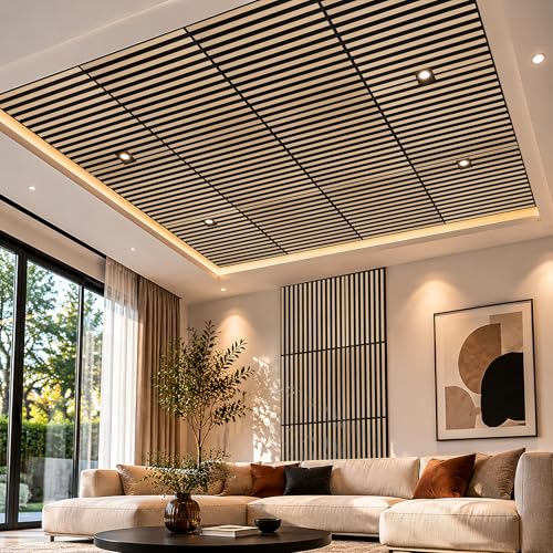 Art3d 6-Pack Acoustic Wood Slat Panel & Ceiling Tile, 2 x 2 ft, Natural Oak - color: Natural Oak, size: 24 x 24 inch