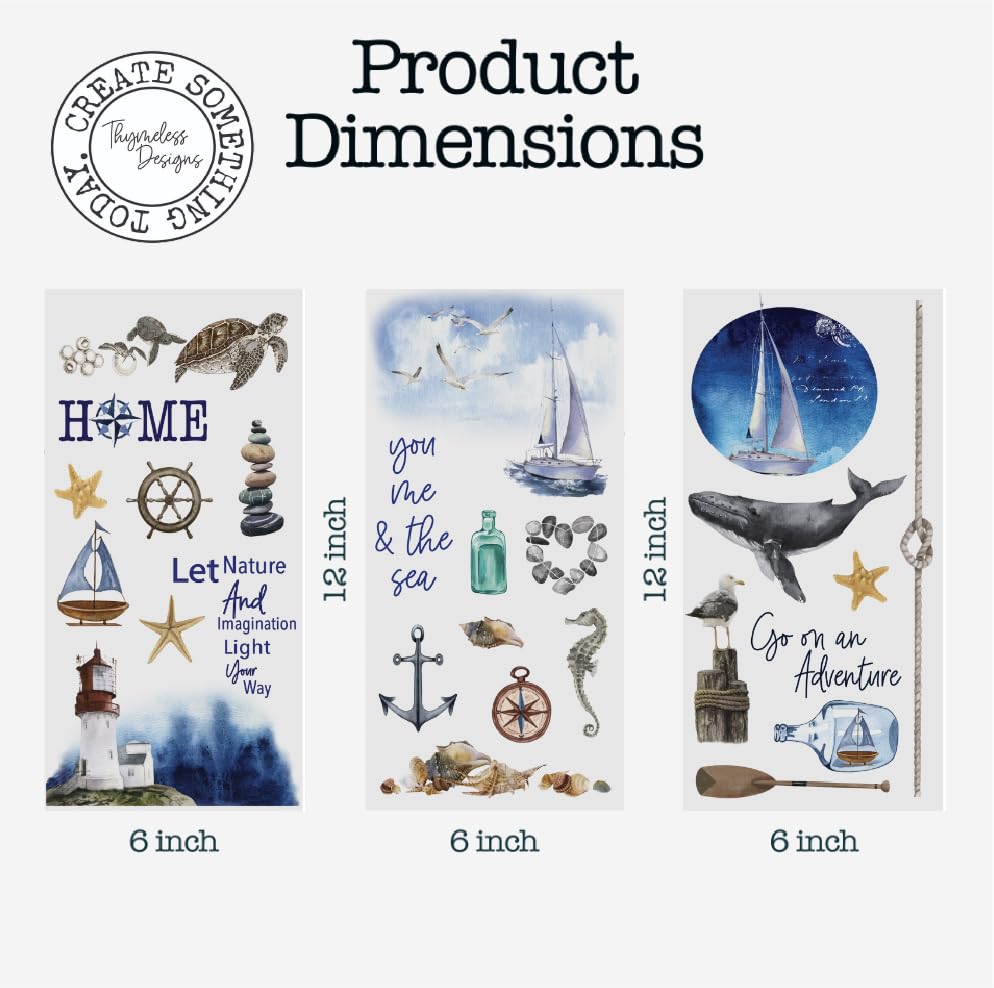 Rub on Transfers for Crafts and Furniture | 3 Design Sheets 6”x 12” | Home Decor Transfers | Furniture and Craft Decals | by Thymeless Designs (Nautical) - style: Nautical