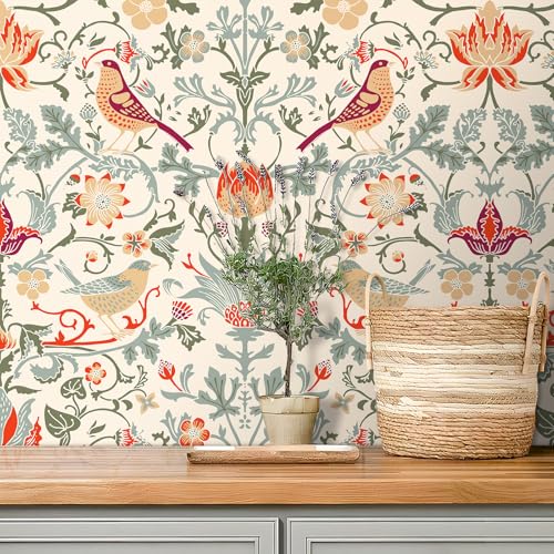 Western Victorian William Morris Wallpaper Peel and Stick Retro Strawberry Thief Art Deco Wallpaper for Bedroom Bathroom Cabinets Drawers Vintage Beige Floral Bird Wall Mural Wall Paper 17.5x80 - size: 17.5" x 80"