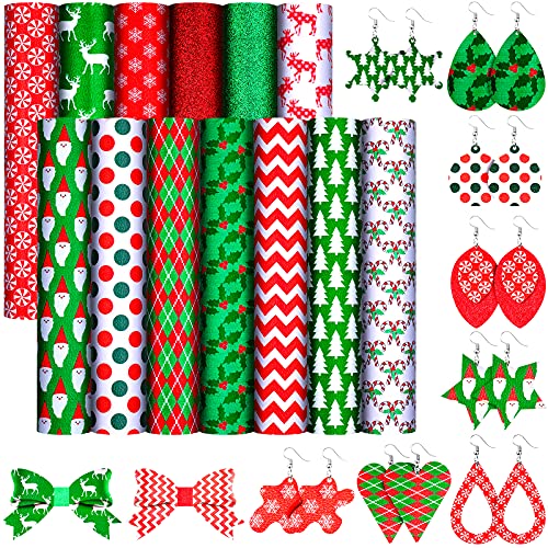 13 Pcs Christmas Faux Leather Sheets Santa Claus Glitter Synthetic Leather Fabric Deer Snowflakes Candy Christmas Tree for Holiday DIY Bows Earrings Crafts Making Supplies, 6.3" x 8.3"(Animal Style)