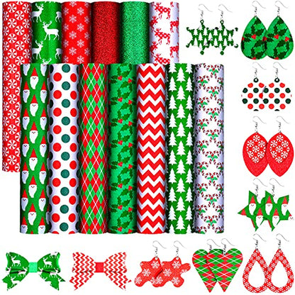 13 Pcs Christmas Faux Leather Sheets Santa Claus Glitter Synthetic Leather Fabric Deer Snowflakes Candy Christmas Tree for Holiday DIY Bows Earrings Crafts Making Supplies, 6.3" x 8.3"(Animal Style)