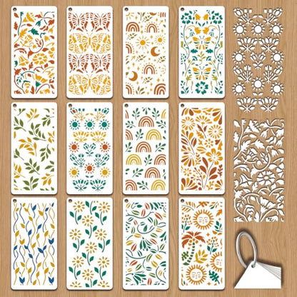 12 Sheets Sun Moon Stencil for Painting, Flower Butterfly Leaf Drawing Stencil Bohemian Style Reusable Art Stencils Template for Painting on Wall Wood Home Decor - style: Sun Moon