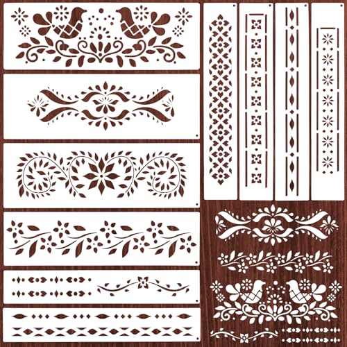 10Pcs Border Stencils for Painting on Wood, Resuable Lace Talavera Stencils for Crafts, Cake Stencil Mexican Floral Stencil for Furniture Wood Wall Canvas Floor