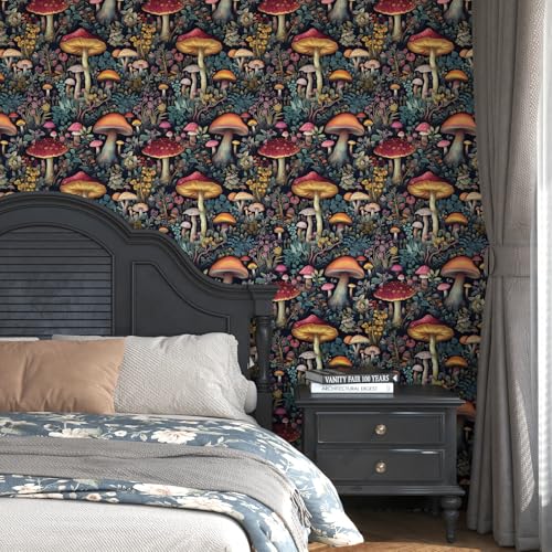 BOKEBEVE Mushoroom Wallpaper Peel and Stick Boho Black Red 17.5 x 393.5In - color: Black/Red, size: 17.5" x 393.5"