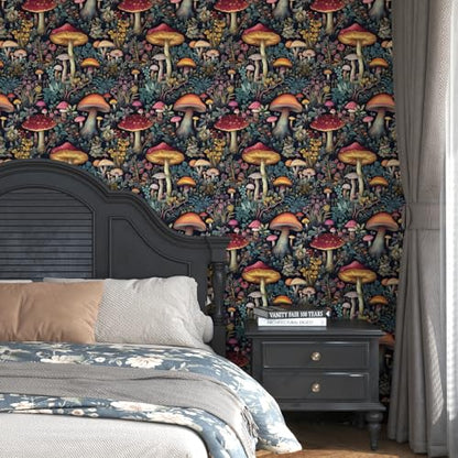 BOKEBEVE Mushoroom Wallpaper Peel and Stick Boho Black Red 17.5 x118In - color: Black/Red, size: 17.5" x 118"