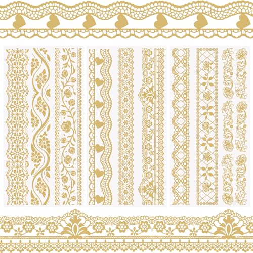 WANDIC 3 Sheets Gold Stamping Rub on Transfers Stickers, Lace Trim Pattern Waterproof Decals Furniture Decorative for DIY Postcard Scrapbooking,15 * 30cm - color: Gold Stripe Lace Pattern