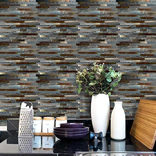 10-Sheet Peel and Stick Backsplash PVC Metal Tile，Self-Adhesive Wood Grain Wall Sticker Easy DIY Stick on Kitchen Bathroom Walls (10, Metal Pattern + Green Wood Grain) - color: Metal Pattern + Green Wood Grain