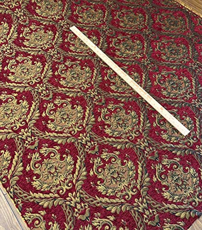 Damask Tapestry Chenille Fabric - Upholstery Fabric, 60" Width - Sold by The Yard (Dark Red/Gold) - color: Dark Red/Gold