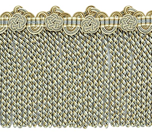 DÉCOPRO 5" (12.5cm) Alexander Collection Bullion Fringe Trim with Fancy Scroll and Rosette Header # BFAX5, Cream Ivory Blue #LX03 (Light Blue, Light Beige, White Ivory) 12 Yard Package (36 ft/11m) - color: Cream Ivory Blue #LX03 (Light Blue, Light Beige,