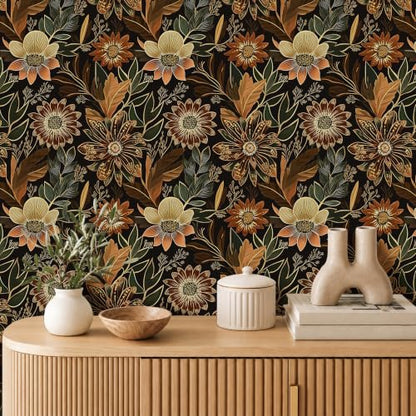 Laatse Boho Dark Black Gold Floral Wallpaper Peel and Stick 17.5"x787" - color: Black/Brown, size: 17.5" x 787"