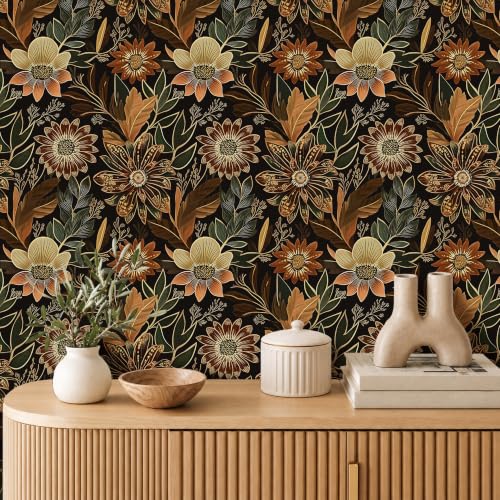 Laatse Boho Dark Black Gold Floral Wallpaper Peel and Stick 17.5"x393" - color: Black/Brown, size: 17.5" x 393"