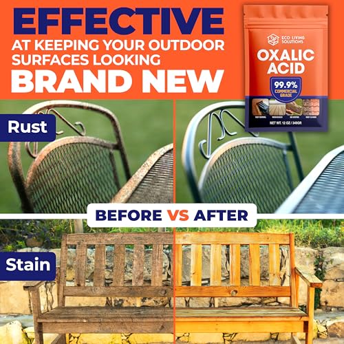 ECO LIVING SOLUTIONS Oxalic Acid 99.9% Deck Stain Remover & Wood Stain Remover | Metal Cleaning & Rust Stain Removal - 12 Oz