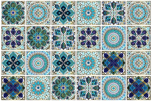 24Pcs Peel and Stick Tile Stickers, 4x4 Bathroom & Kitchen Backsplash Tile Decals Waterproof Self-Adhesive Square Vinyl Wall Decals Mandala Style Wall Decor (Best When adhered to Tiles - color: Ts-104