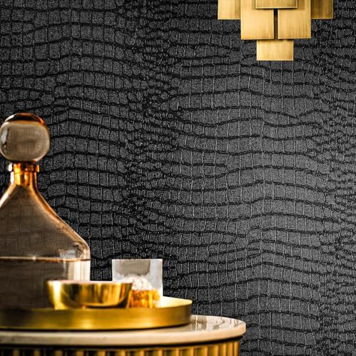 Fititem Black Peel and Stick Wallpaper Crocodile Texture Modern 118”×17.3” - size: 17.3" x 118"