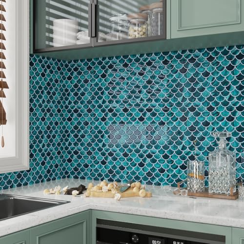 CRE8TIVE 4 Sheets Teal Green Fish Scale Peel and Stick Backsplash for Kitchen Bathroom Tiles Peel and Stick Waterproof Shower Tile Adhesive Backsplash Shell Stick on Wall Tile for Laundry Room 12"x12" - size: 12"x12" (4-Sheets)