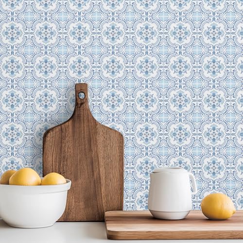 30 Pack, 4x4 Inch Classic Portuguese Azulejo Tile Decals, Blue and White Peel and Stick Vinyl for Backsplash, Stairs & Furniture (Light Blue) - color: Light Blue