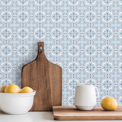 30 Pack, 4x4 Inch Classic Portuguese Azulejo Tile Decals, Blue and White Peel and Stick Vinyl for Backsplash, Stairs & Furniture (Light Blue) - color: Light Blue