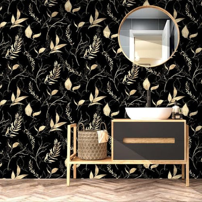 Dark Black and Gold Leaf Peel and Stick Wallpaper 17.7" x 213" - color: Black&Gold, size: 17.7" x 213"