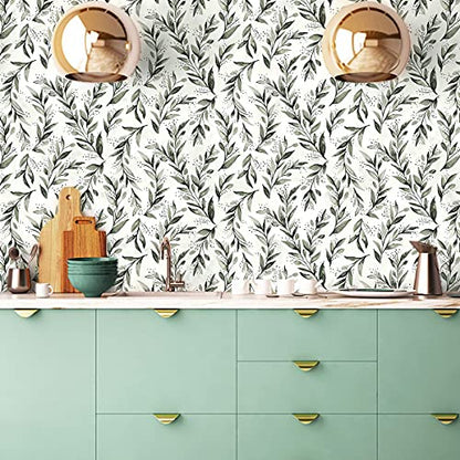 Livebor Green Leaf Wallpaper Peel and Stick Olive Wallpaper17.7” x 118.1” - color: A-Green, size: 17.7" x 118.1"