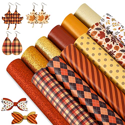 Whaline Fall Faux Leather Sheets 8 x 12 in Plaid Stripe Maple Leaves Synthetic Leather Fabric Glittery Orange Red Gold Faux Leathers for Autumn Harvest Thanksgiving DIY Craft Earring Hair Bow, 12 Pcs