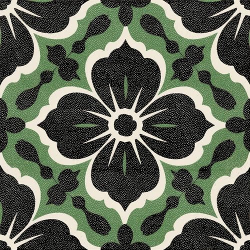 HOMETITUTE Green Black Floral Peel Stick Floor Tile 12x12 Vinyl - color: Green#1