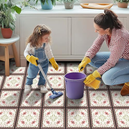 HOMETITUTE Red Poppy Floral Green Border Peel Stick Floor 12x12 Vinyl - color: Red and Green