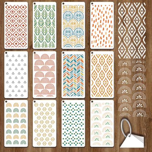 12 Sheets Boho Aesthetics Stencil for Painting, Rainbow Flower Square Modern Texture Drawing Stencil Geometric Reusable Art Stencils Template for Painting on Wall Wood Home Decor - style: Boho Aesthetics