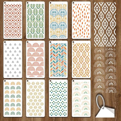12 Sheets Boho Aesthetics Stencil for Painting, Rainbow Flower Square Modern Texture Drawing Stencil Geometric Reusable Art Stencils Template for Painting on Wall Wood Home Decor - style: Boho Aesthetics
