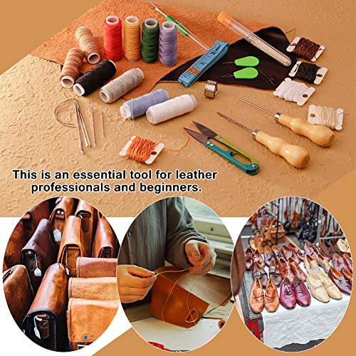 Tikjiua 59 Pcs Leather Sewing Kit and Leather Working Tools for Beginners Kit with Apron and Leather Tooling Bag, Leather Tools for Leather Stamping, Carving, Sewing, Beveling, Cutting, Leather Crafti