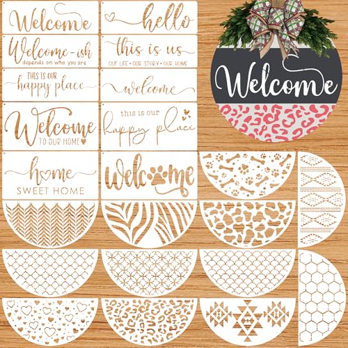 22 Pcs Welcome Stencils for Painting on Wood,12" Reusable Half Round Door Hanger Stencils for Welcome Sign,Door Sign,Dooormat,Walls and Fabric (Classic) - color: Welcome(22Pcs)
