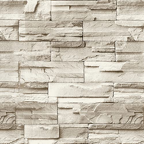 Jeweluck Faux Stone Wallpaper Peel and Stick Brick Wallpaper 17.7”×196.8” - color: A Beige, size: 17.7" x 196.8"