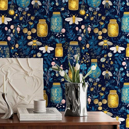 Enchanted Firefly Jar Peel and Stick Wallpaper, Night Botanical Wallpaper - color: ML-M036, size: 17.7" x 118"