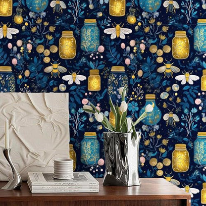 Enchanted Firefly Jar Peel and Stick Wallpaper, Night Botanical Wallpaper - color: ML-M036, size: 17.7" x 118"