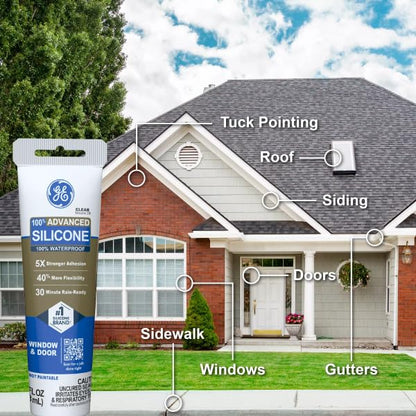 GE Advanced Silicone Caulk for Window & Door, White, 2.8 fl oz Tube, 1 Pack - 100% Waterproof Silicone Sealant, 5X Stronger Adhesion, Freeze & Sun Proof - size: Pack of 1, style: White
