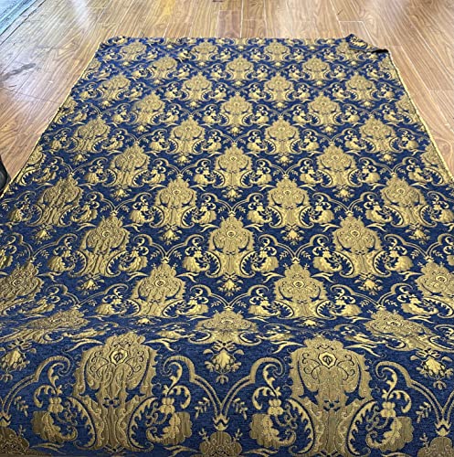 Damask, Chenille,Upholstery,Drapery Fabric, Sold By the Yard 58" Wide (Blue/Gold) - color: Blue/Gold